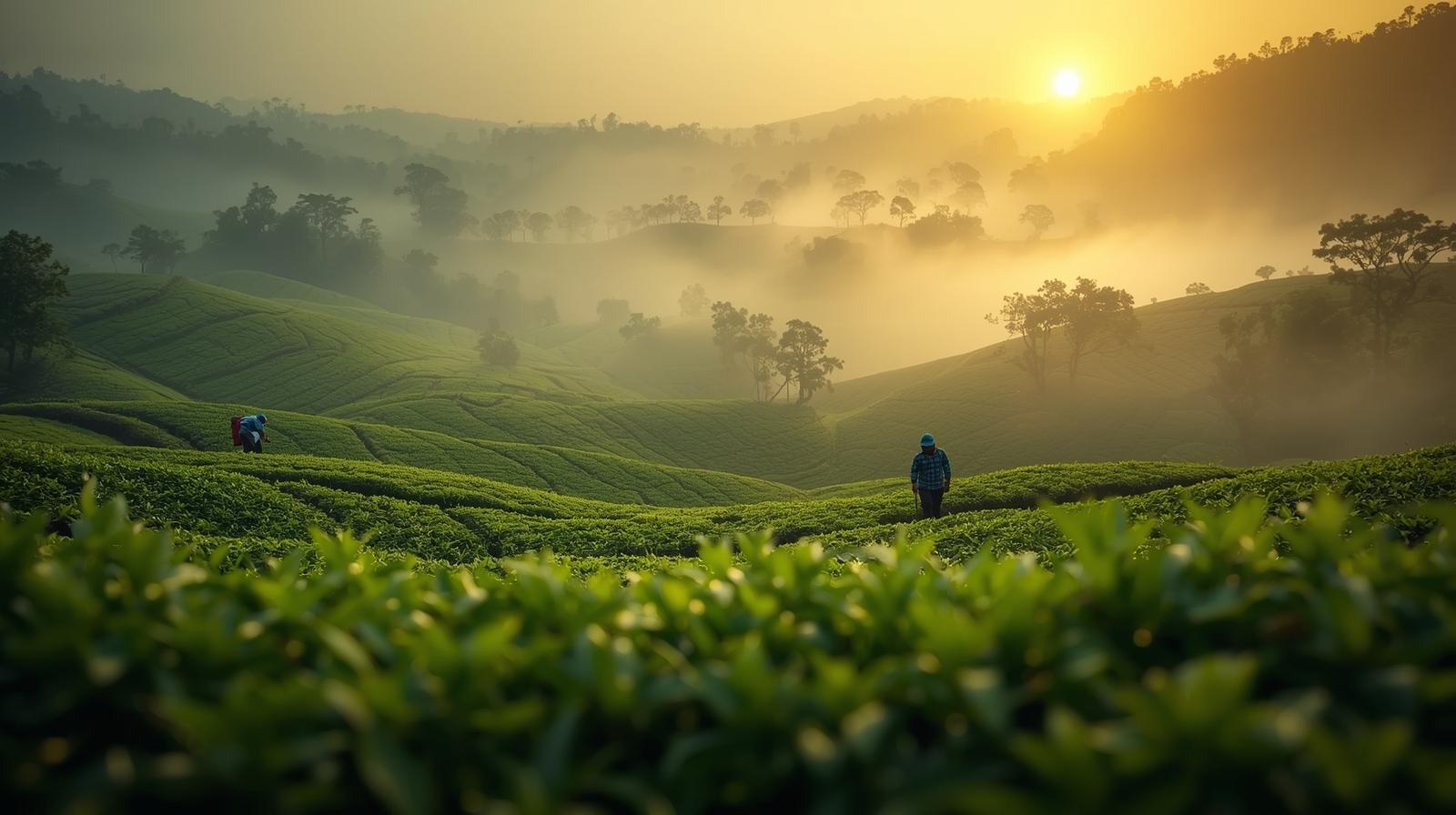 Misty Indian tea estate at sunrise with soft fog and rolling green hills