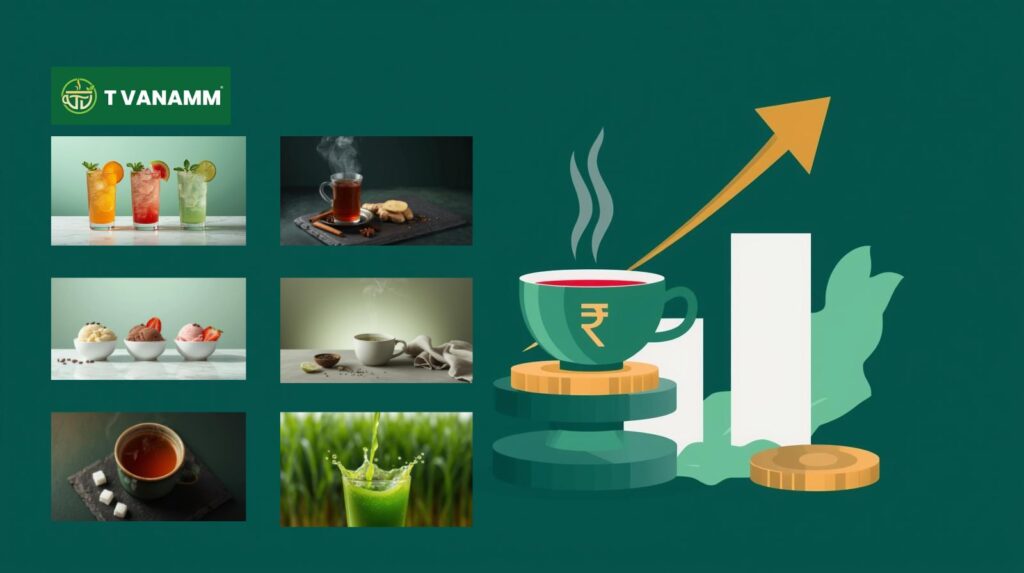 Low investment tea franchise model with steaming chai cup, rupee coin, and ROI growth chart in green and gold.