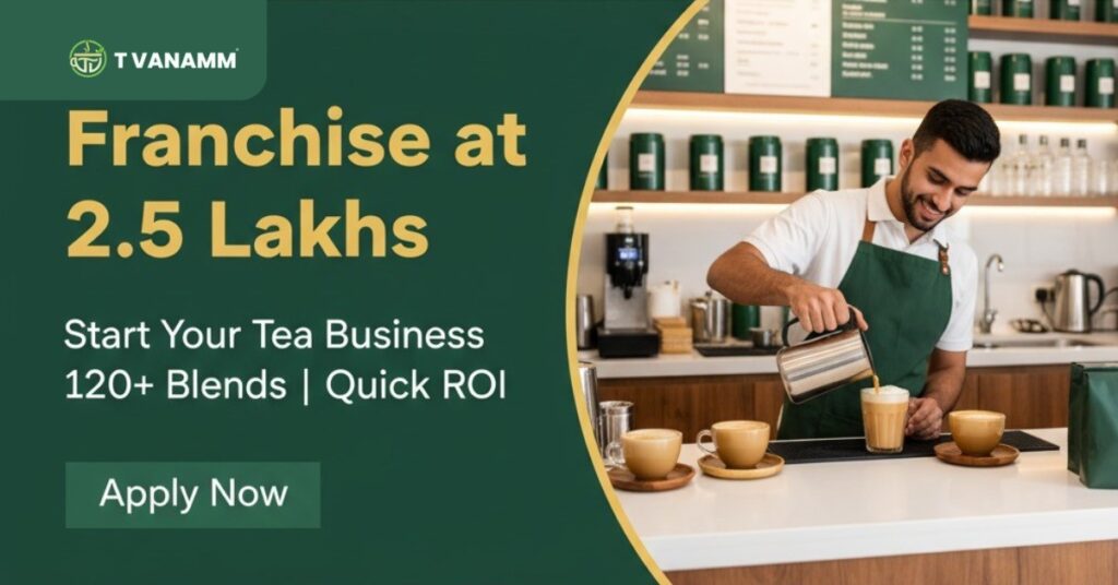 Wide TVanamm menu board showcasing 120+ teas, coolers, and snacks.