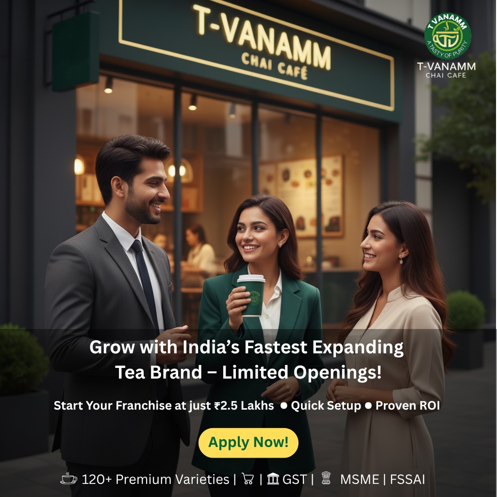 Happy customers enjoying kulhad chai at a bright TVanamm franchise outlet.